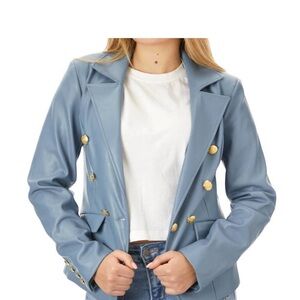 Central Park West Light Blue Vegan Leather Blazer with Gold Buttons